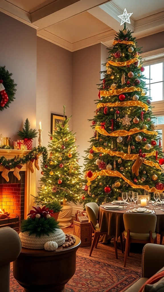 A cozy Christmas living room with a decorated tree, fireplace, and festive table settings.